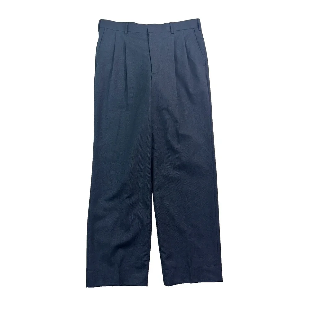 vtg 90s Navy Blue Glen Plaid 36x30 Dress Suit Pants 100% Wool Trouser Wide Leg‎